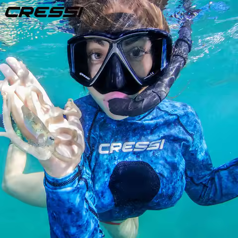 Cressi Diving Swimming Mask Snorkeling Set Scuba Snorkel Silicone Skirt Four-Lens Panoramic for Adul
