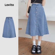 Lovito Casual Denim Skirts Washed Button Front Pocket Spring/summer Blue Denim Skirts for Women L177