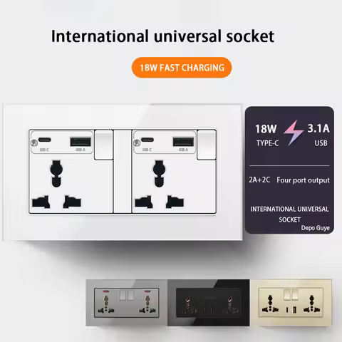 Universal Wall Socket 18W Type-C Fast Charging Plug Outlet,Glass Double 3-Pin Power Socket with DC 5