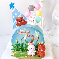 520情人節蛋糕裝飾小熊小兔軟膠擺件派對生日帽插牌淺色氣球裝扮