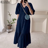 Esolo ZANZEA Muslimah ผู้หญิงมุสลิม Ruffles Denim พัฟแขน Elegant Dress Jean Party A-Line Dress KRS #