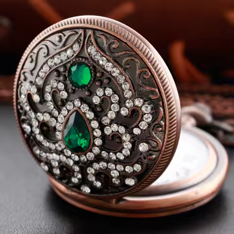 Luxury Green Gem Magic Diamond Power Stone Quartz Pocket Watch Men and Women Necklace Clock Steampun