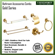 Bathroom Accessories Gold Series Double Towel Bar Glass Shelf Robe Hook Paper Holder