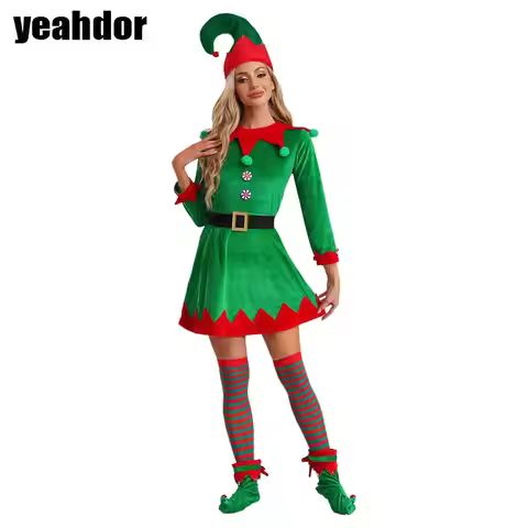 Women Christmas Elf Costumes Santa Claus Suit Flannel/Velvet Dress with Belt Hat Stockings Shoes Hal