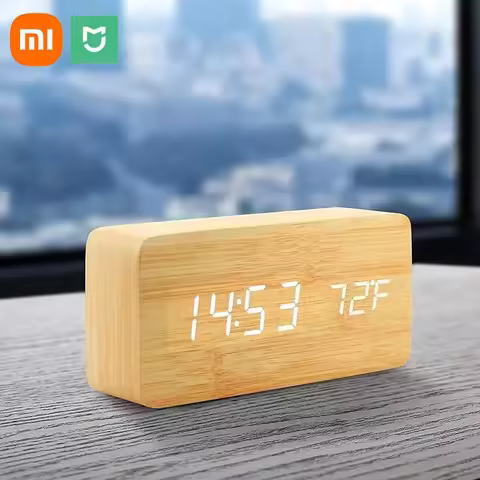 Xiaomi MIJIA Wooden Digital Alarm Clock LED Table Clock with Temperature for Bedroom Office Desk Dec