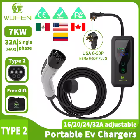 WUFEN EV Portable Charger Type2 7.6KW 240V Mode 2 Type 2 EV Charger 32A 1Phase 5M Charger Cable for 