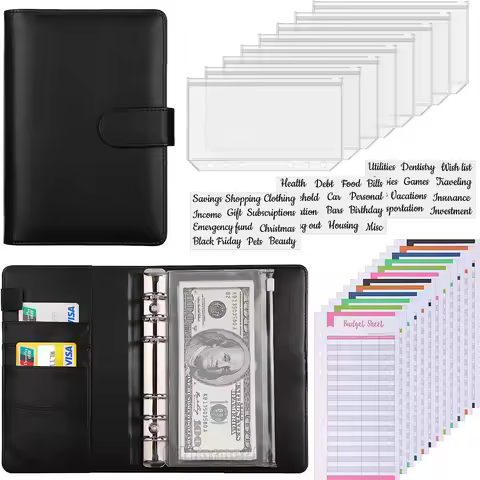 A6 Budget Binder with Cash Envelope Savings Book Budget Planner PU Leather Laptop Binder with Binder