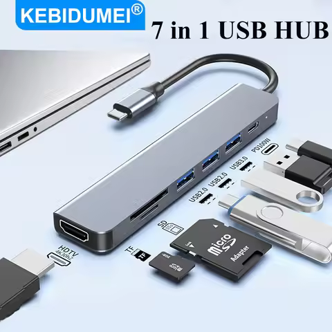 KEBIDUMEI USB C HUB 7 in 1 Docking Station USB C to 4K HDMI-Compatible Adapter USB 3.0 Type C PD Cha