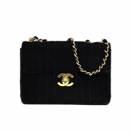 CHANEL 中古貝嫂包黑色絲絨3開金扣肩背包