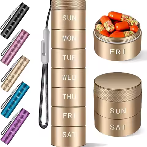 7 days weekly circle aluminum alloy metal storage bottle water proof key chain pill case box sealed 