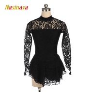 Figure Skating Costume Dress Ice Skating Skirt for Girl Women Kids Black lace Long sleeve Customized