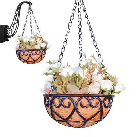 12/10/8 inch round resin plant holder, chain hanging basket, coconut lined plant garden pot suitable