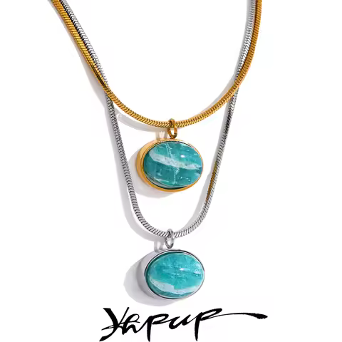 Yhpup Natural Stone Pendant Necklace Amazonite Exquisite Gold Silver Color Waterproof Stainless Stee