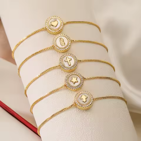 2024 New Fashion Gold Color Box Chain Virgin Mary/Cross/Heart/Star/Palm Charm Bracelets For Women AA