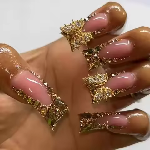24Pcs Y2K Glamour Long Glitter Duckbill Nail Set Stunning Rhinestone Butterfly Accents Manicure for 