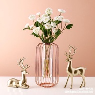 Rose Gold Metal Frame Lantern Flower Vase, Decorative Glass Flower Arrangement