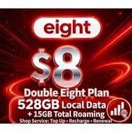 Eight Telecom $8 Double Eight Plan – 528GB Local Data + 15GB Total Roaming Top Up / Recharge / Renew