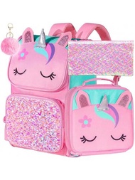 Mochila de unicornio de 3piezas para niñas, mochila de lentejuelas para niños de 15" con caja de almuerzo, bolsa escolar para preescolar y primaria