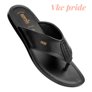 VKC PRIDE Black leather flip-flop sandal with gold "PRIDE" text and "Vkc pride" branding.