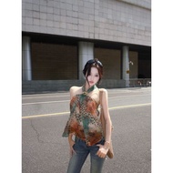 Yk2千禧风上衣女系带挂脖小衫古早复古豹纹衣服涩谷辣妹穿搭夏季8.5 Y2K millennium style women's top with tie-neck halter, vintage re