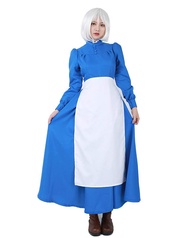 Women's Costume Maid Cosplay Cerulean Long-sleeve Dress With White Apron