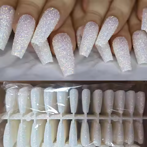 24pcs Bling Glitter Press on Nails Long Coffin Fake Nails White Acrylic Nails Ballerina Fasle Nails