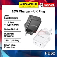 Awei PD62 Fast Charger 20W Fast Charging Charger Set Type-C PD Wall Charger UK 3 Pin Plug Adapter Aw