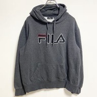 古著 FILA 長袖連帽衫，帶有大徽標刺繡，復古設計，袋鼠口袋，灰色，XL 碼