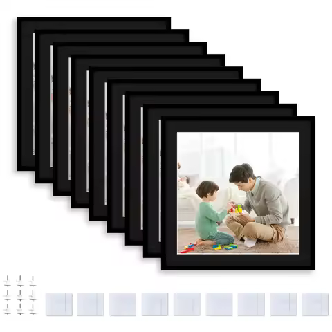 Picture Frame Set of 9, Display Pictures, 5x5 with Mat or 8 W/O Mat, Photo Tiles, Wall Gallery with 