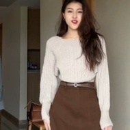 E1Women's long-sleeved square neck short crop top sweater with puffed sleeves QC Korean style office