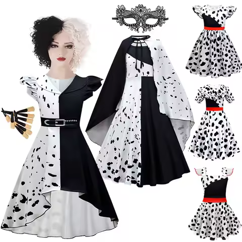 2024 Halloween Cosplay Black White Cruel Devil Cruella Dress for Girls Carnival Children's Masquerad