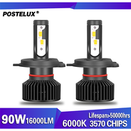 【Postelux】2PCS ไฟหน้ารถ H4 H11 H7 9006 9005 90W 16000LM 6000K สีขาว LED Hi และ Lo Beam รถ Auto หลอดไฟหน้ารถ