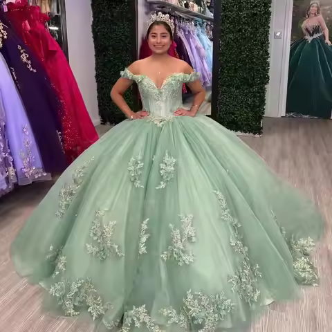 BOMARIS Green Princess Ball Gown Quinceanera Dresses Vestidos De 15 Anos XV Glitter 3D Flower Lace B