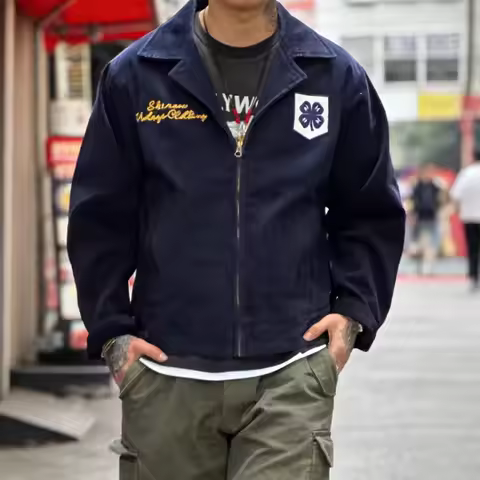 Retro American Corduroy FFA Jacket Blue Long Sleeve Embroidered Collar Men's Fashion Spring Autumn S