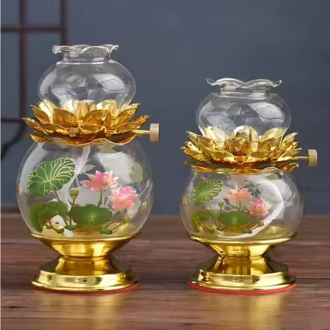 Transparent Glass Lotus Yellow Oil Lamp, for Buddha Lamps, Prayers, Buddha Heart Sutra Oil Lamp, Bud