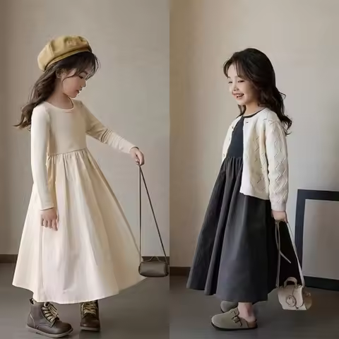 Autumn Girls Casual Simple Long Sleeve O-Neck Solid Color Dress 1 Pc 2-7 Years Kids Fashion Sweet Cl
