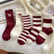 Angola Red Bow Wine Red Female Mid-Tube Stripes Spring Autumn Angola Style Casual Cotton Socks