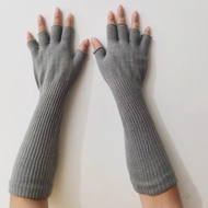 1 Pair Long Knitted Unisex Half Finger Gloves Women Girls Autumn Winter Arm Warmers Pure Black Elbow Long Warm Work Gloves