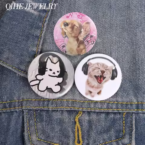 Music Cat Dog Tinplate Soft Button Pin Playful Cat Wearing Headphones Enjoy Music Brooch Lapel Badge