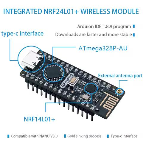 RF-Nano for Arduino Nano V3.0, Type C Nano Board ATmega328P CH340 Integrate NRF24L01+2.4G Wireless C
