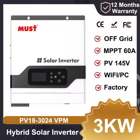 MUST PV1800 VPM 3KW 24V MPPT 60A Home Hybrid Solar Inverter PV 145V OFF Grid Pure Sine Wave Lifepo4 