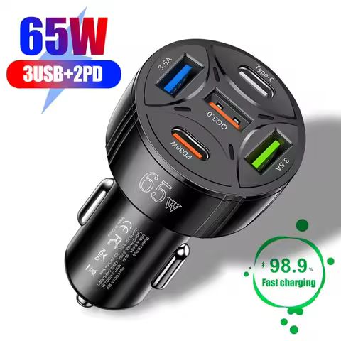 PD 65W Fast Charging 5 Ports Car Charger Lighter QC 3.0 65W USB Type C Car Phone Charger Power Adapt