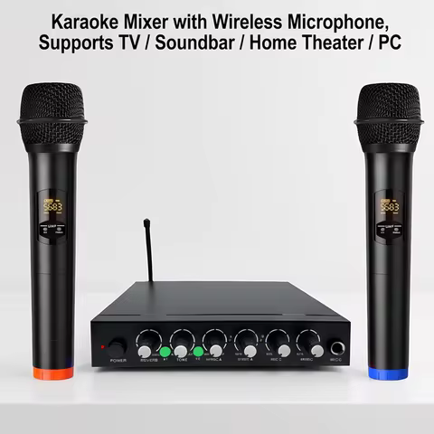 Dual Channel Karaoke Mixer with Dual Wireless UHF Microphones for Home Entertainment