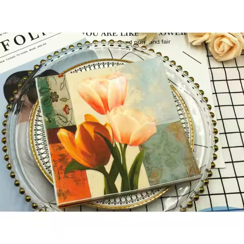 Colourful Printed Napkin Tulip Flower Wedding Party Folded Paper Napkin Mouth Cloth Towel Party Deco