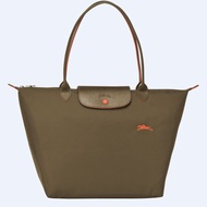 Current สต็อกราคาของแท้100% Longchamp Le Pliage Club กระเป๋าสะพายไหล่ L1899619A23ขนาดใหญ่70th ครบรอบเย็บปักถักร้อยพับกระเป๋าโททไนลอนกระเป๋าช็อปปิ้ง-สีกากี