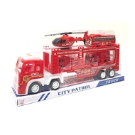 Set Mainan Lori Bomba Treler, Lori, Bas & Helikopter / Fire Engine Trailer with Truck, Bus & Helicop