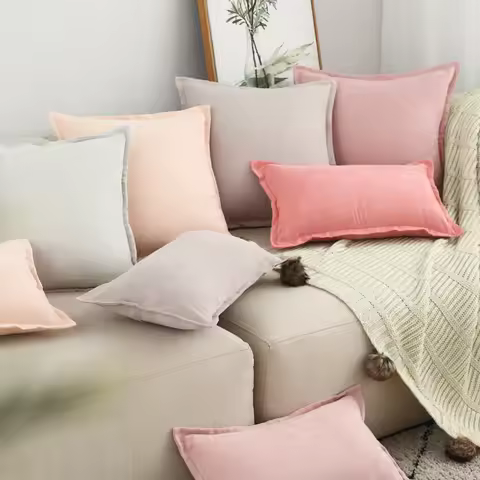 Solid Pillow Case Pink Cushion Cover Ivory Suede Soft Home Decorative Pillow Cover Fringed 45x45cm/6