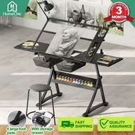 Leather bench and additional side table drawers, drafting glass table, elevated drafting table