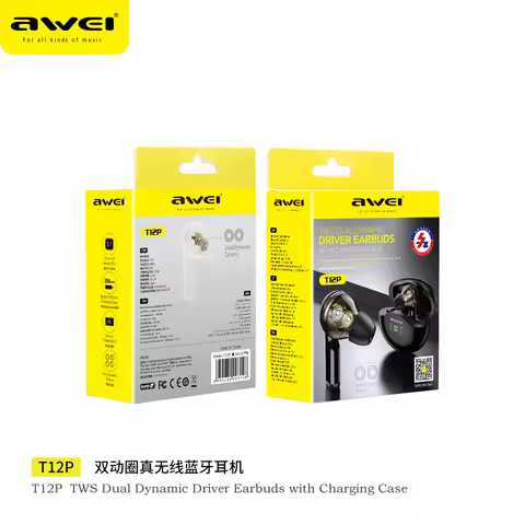 Awei T12P TWS Earphone Dual Dynamic Driver Wireless Bluetooth 5.1 Headset Deep Bass Hand Touch Contr