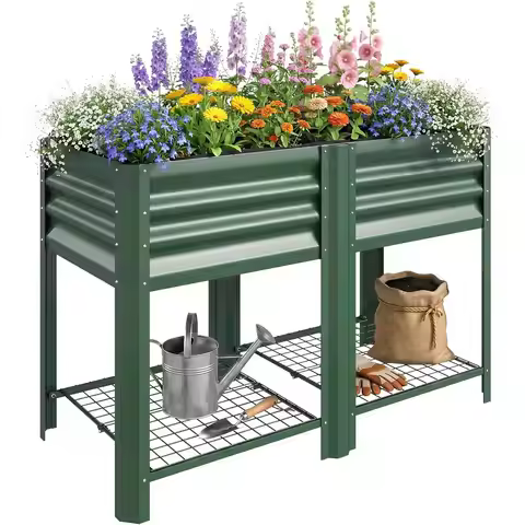 Raised Steel Garden Bed with Storage Shelf, Bed Liner, and Gloves, Ideal for Vegetables, Herbs, Outd